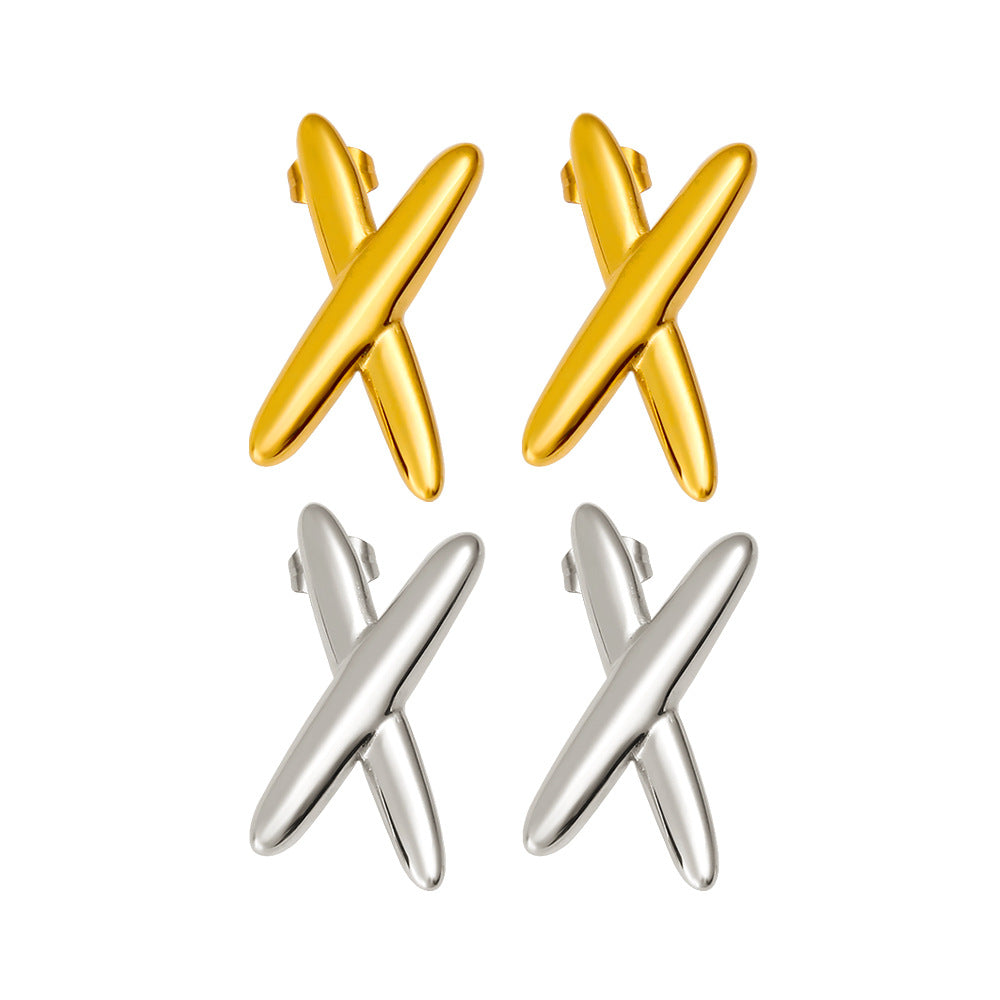 18K金欧美高级感X字母耳环不锈钢几何时尚OL潮流简约批发耳钉耳饰